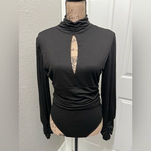 Black Long Sleeved Turtleneck Bodysuit with Keyhole and Ruched Detail
